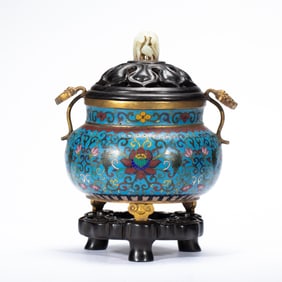 CLOISONNE INCENSE BURNER WITH COLORFUL PATTERNS & JADE TOP