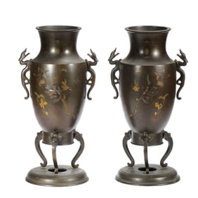 A PAIR OF COPPER VASES WITH FLORAL AND DRAGON MOTIFS