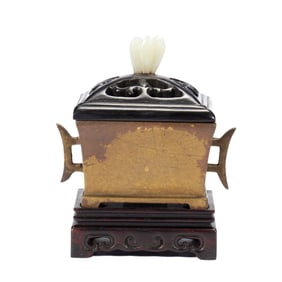 SQUARE - SHAPED BRONZE INCENSE BURNER WITH CARVED WOODEN PEDESTAL