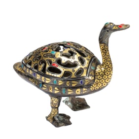 BRONZE DUCK - SHAPED INCENSE BURNER INLAID WITH GOLD, SILVER AND GEMSTONES