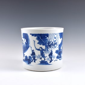 MING BLUE & WHITE FIGURINE & LANDSCAPE PORCELAIN BRUSH POT