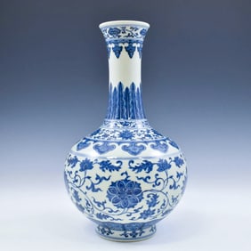BLUE & WHITE WRAPPED FLORAL REWARD VASE ON STAND