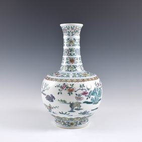 QING DOUCAI RIBBED NECK PORCELAIN VASE