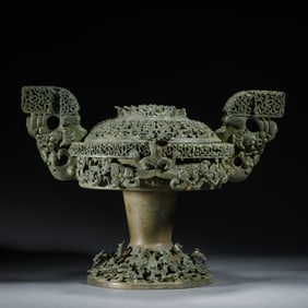 ELABORATELY CARVED BRONZE DOU RITUAL VESSEL