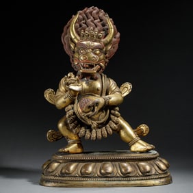 GILT - BRONZE STATUE OF TIBETAN BUDDHIST DHARMA PROTECTOR