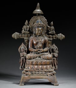 BRONZE STATUE OF BUDDHA IN MEDITATION WITH ATTENDANTS