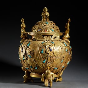 GILT - BRONZE INCENSE BURNER WITH CHILD MOTIFS AND GEM INLAYS