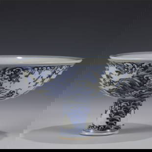 MING XUANDE BLUE & WHITE DRAGON TALL BOWL: Measurements: Length: 15.6 cm, Width: 15.6 cm, Height: 9.8 cm Chinese Ming Dynasty Xuande Blue and White Dragon Porcelain High Foot Bowl. Potted with a shallow deep body, thick, large and bulbous body