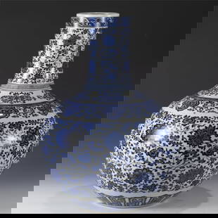 QING BLUE & WHITE CELESTIAL VASE: Measurements: Length: 38.8 cm, Width: 38.8 cm, Height: 53 cm Chinese Qing Dynasty Qianlong Blue and White Lotus Porcelain Celestial Sphere Vase. Potted in celestial shape vase, thick and tall, globula