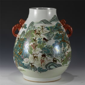 QING FAMILLE ROSE HUNDRED DEER ZUN VASE