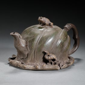 PURPLE CLAY TEAPOT WITH FROG AND BIRD MOTIFS