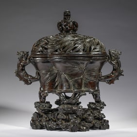 RED SANDALWOOD INCENSE BURNER WITH BAMBOO - LEAF PATTERNS