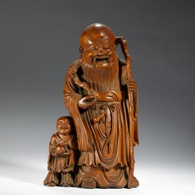 BOXWOOD CARVING OF GOD OF LONGEVITY AND CHILD