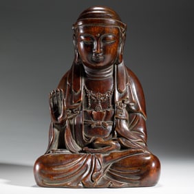 WOOD - CARVED FIGURER SITTING STATUE