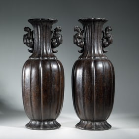 PAIR OF AGARWOOD CARVED MELON - RIDGED VASES