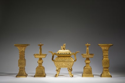 SET OF GILT - BRONZE FIVE SACRIFICIAL UTENSILS