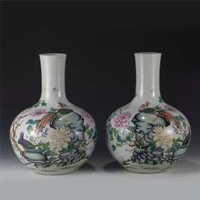 PAIR OF QING FAMILLE ROSE CELESTIAL SPHERE VASES