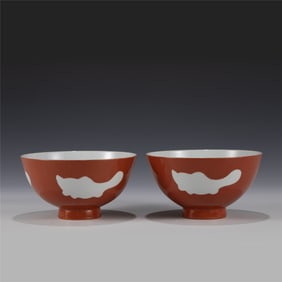 PAIR OF QING RED & WHITE THREE FISH BOWL