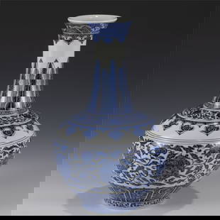 QING BLUE & WHITE VASE: Measurements: Length: 22.2 cm, Width: 22.2 cm, Height: 36.5 cm Chinese Qing Dynasty Qianlong Blue and White Lotus Reward Vase . Potted in reward shape vase, thick and tall, globular lower body, cylind