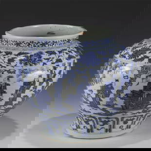 YUAN BLUE & WHITE CYLINDER JAR: Measurements: Length: 34.8 cm, Width: 34.8 cm, Height: 29.5 cm Chinese Yuan Dynasty Blue and White Porcelain Cylinder Jar. Potted with a large cylinder vessel, having thick and tall potted body, sligh