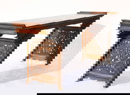 CHINESE HUANGHUALI EVERTED RIM LONG ALTAR TABLE: Dimensions (cm): Length: 224 Width: 54 Height: 88 Chinese Ming Dynasty Period Huanghuali Long Altar Table. The table top is made of a large rectangle piece, thick and tall Huanghuali wood. Four braces