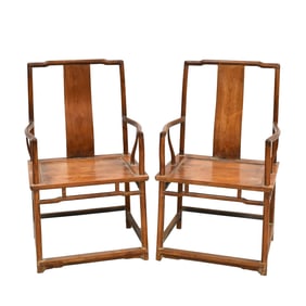 ANTIQUE PAIR HUANGHUALI CARVED ROSE ARM CHAIRS