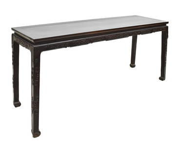 A CHINESE ZITAN WAISTED ALTAR SIDE TABLE: Dimension: 32-1/2" H x 59" W x 17-3/4" DChinese Zitan Side table, the rectangular top set above waisted and shaped apron, all raised on block legs ending in low hoof feet. Having a rich golden honeyed