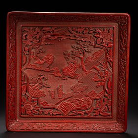 CINNABAR LACQUER SQUARE PLATE WITH LANDSCAPE AND FIGURE CARVINGS