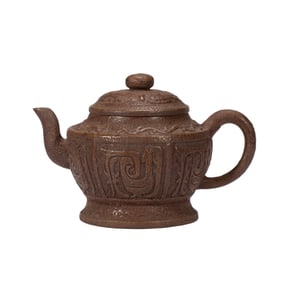 PURPLE CLAY TEAPOT WITH CARVED PATTERNS