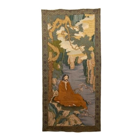 EMBROIDERED SCROLL WITH LANDSCAPE AND FIGURE