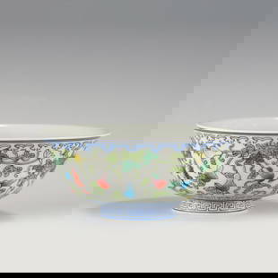 QING QIANLONG FAMILLE ROSE GOURD ABUNDANT BOWL: PROVENANCE: From private collectors in Gables Estates, Miami, Florida. Measurements: Height: 6 cm, Diam: 14.5cm Chinese Qing Dynasty Qianlong Famille Rose Gourd Abundant Porcelain Bowl. The porcelain