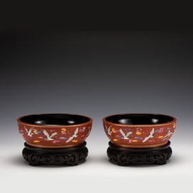 PAIR FAMILLE ROSE ENGRAVED PORCELAIN BRUSH WASHERS