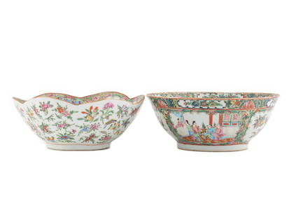 CHINESE FAMILLE ROSE PORCELAINCENTERPIECE BOWLS: Measurements: Bowl A, measures 4.5" x 10.75" x 10.5". Bowl B, measures 4.5" x11" x 11" An estate collection of two (2) antique Chinese Famille Rose porcelain centerpiece bowls. Includes: (1) bowl with