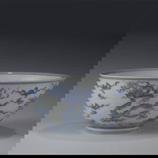 MING CHENGHUA BLUE & WHITE BOWL: Length: 21 cm, Width: 21 cm, Height: 9.7cm Chinese Ming Dynasty Chenghua Blue and White Dragon Porcelain Bowl. Potted in a shallow body, slight deep, thick and bulbous body, with angled cavetto elevat