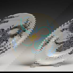 GUANGXU FAMILLE ROSE DRAGON PLATE: Measurements: Width: 25 cm, Height: 4.6 cm Chinese Qing Dynasty Guangxu Famille Rose Dragon Porcelain Plate. The plate has a broad wide central interior, round mouth lip, thick and large, raised on co