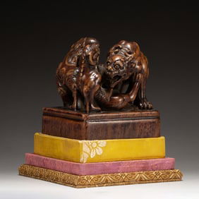 WOOD - CARVED SEAL WITH MYTHICAL BEAST KNOB