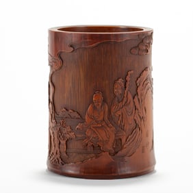 BAMBOO - CARVED BRUSH POT WITH FIGURE STORY