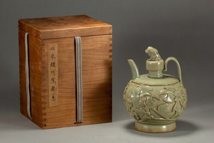YAOZHOU KILN CELADON CARVED - FLOWER LION - KNOB EWER