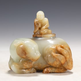 JADE COVERED BOTTLE WITH A LYING BEAST BODY AND BOY - SHAPED LID ORNAMENT
