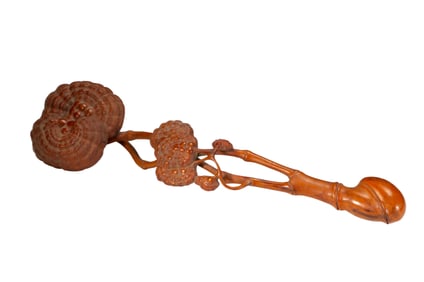 WOOD - CARVED RUYI WITH LINGZHI AND BAMBOO PATTERNS
