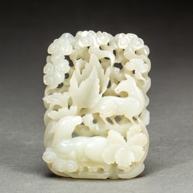JADE CARVING TABLET WITH DEER AND FLORAL PATTERNS