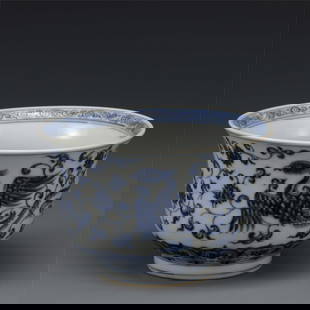 MING XUANDE BLUE & WHITE BOWL: Measurements: Width: 15.4 cm, Height: 10 cm Chinese Ming Dynasty Xuande Blue and White Porcelain Bowl. Potted with a shallow body, slight deep, thick and bulbous body, with angled cavetto elevated the