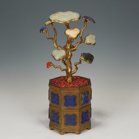 GILT - BRONZE BONSAI INLAID WITH MULTI - TREASURES IN THE SHAPE OF LINGZHI
