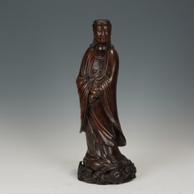 WOOD - CARVED STANDING STATUE OF GUANYIN