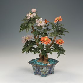 JADE AND CORAL FLOWER BONSAI WITH CLOISONNE ENAMEL POT