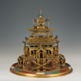 GILT - BRONZE FILIGREE PAGODA INLAID WITH GEMS