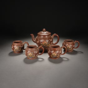 ZISHA TEA SET WITH COLOR - ADDED FLORAL PATTERNS