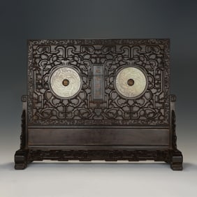WOOD - CARVED SCREEN INLAID WITH JADE