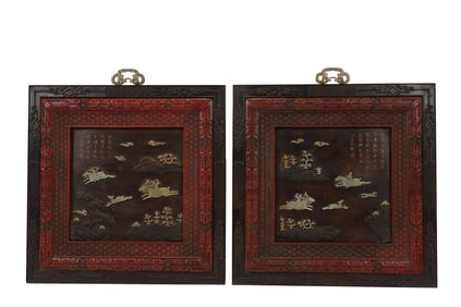 PAIR OF LACQUER HANGING SCREENS INLAID WITH TREASURES