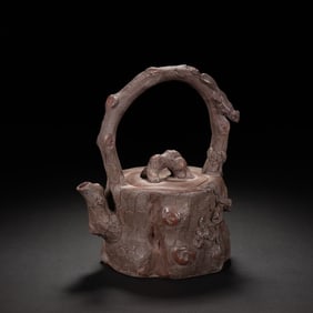PURPLE CLAY TEAPOT IN TREE - STUMP SHAPE